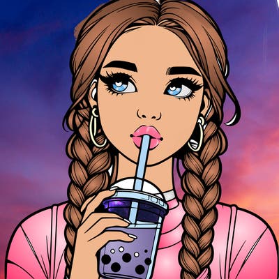 realistic girl with braided hair drinking boba