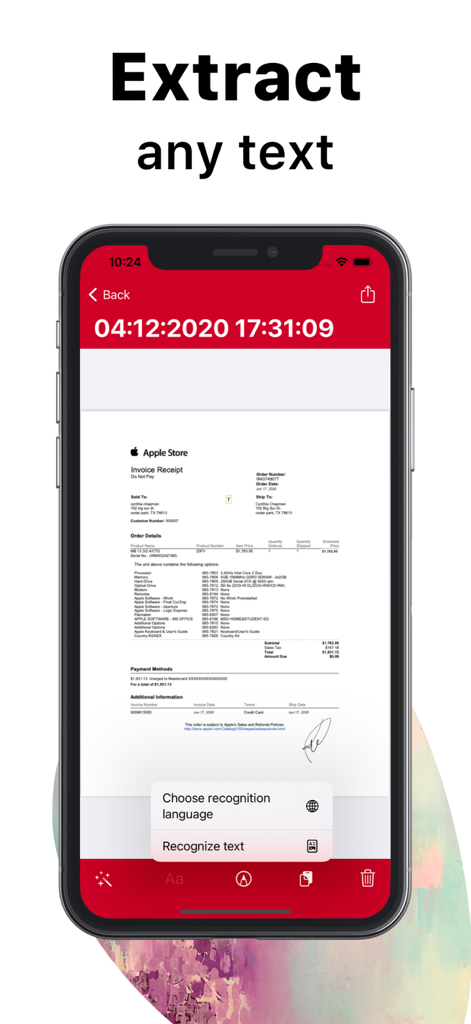 ScanPlus mobile app screen showing OCR text extraction from a scanned Apple Store receipt.