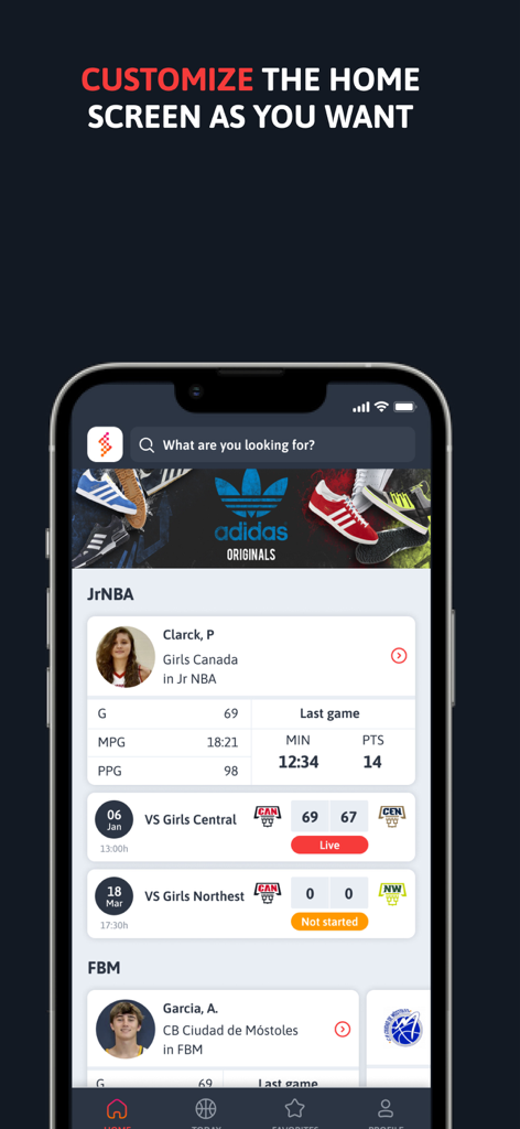 Mobile interface of the Swish basketball app showing a customized home screen with player stats and game information