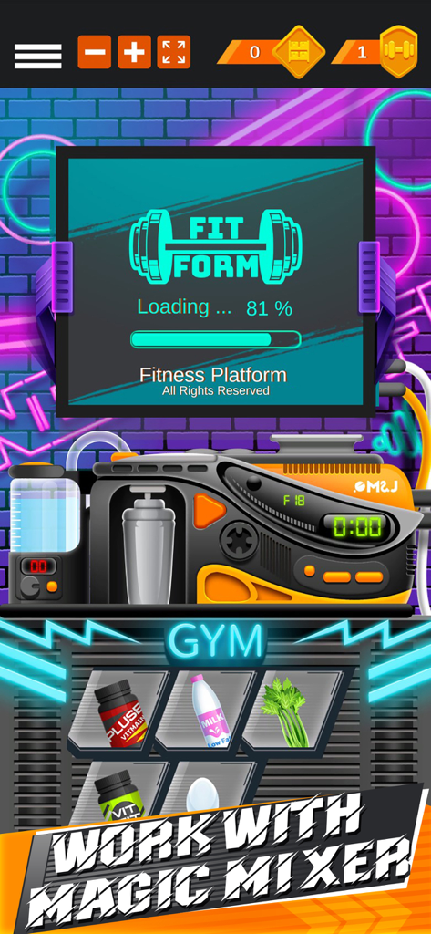 Interfaz de juego del simulador After Gym que muestra la máquina mezcladora mágica e ingredientes de fitness como vitaminas y leche.