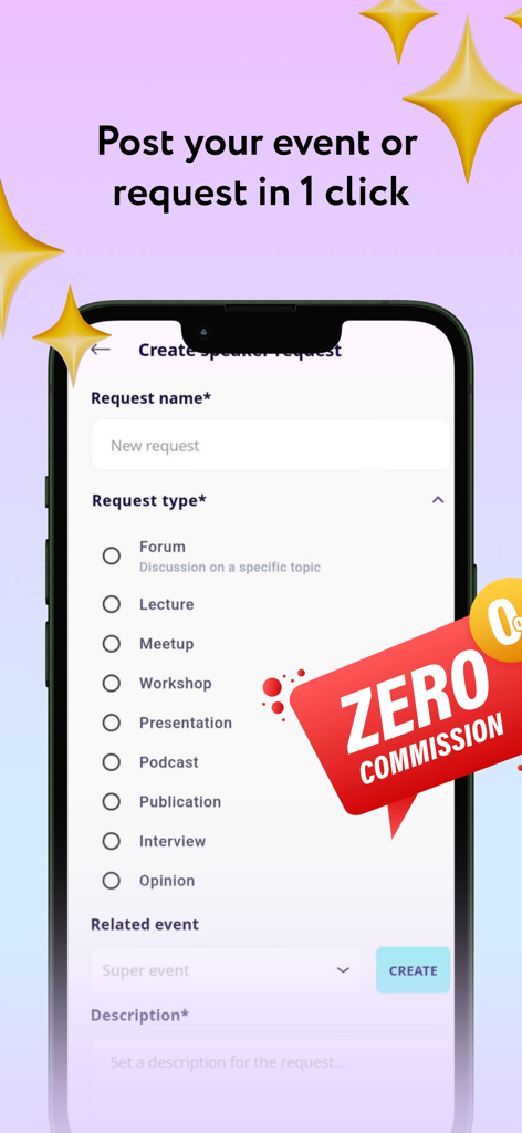 SpeakUp – Find & Book Speakers - SpeakUp app interface showing a speaker request form with various event types and a zero commission badge