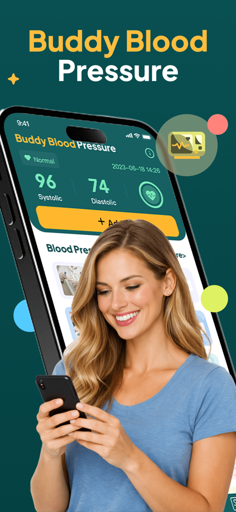 Buddy Blood Pressure(Track BP) - A woman smiling while using the Buddy Blood Pressure app to monitor her health vitals