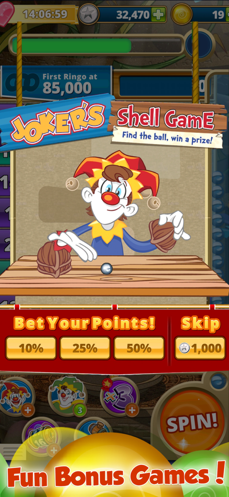 Slingo Adventure - The Joker character in Slingo Adventure hosting a shell game bonus mini game