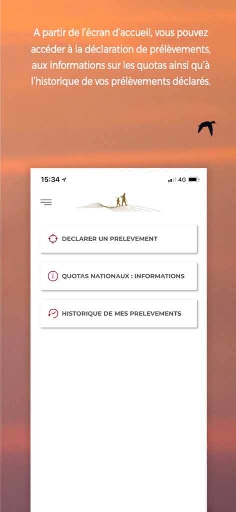 The home screen of the ChassAdapt app showing menu options for harvest declaration, national quota information, and harvest history.