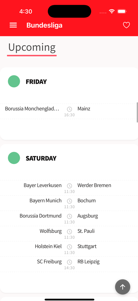 Roja Directa TV app showing upcoming Bundesliga soccer match schedules for Friday and Saturday.
