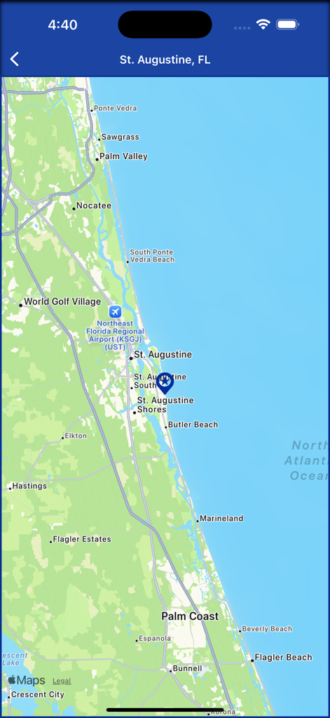 Map view showing the location of a marine weather buoy near St. Augustine Florida
