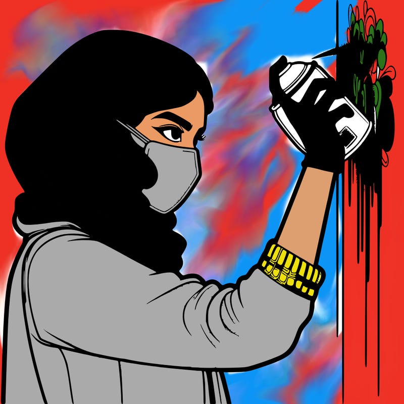 realistic girl with mask spray painting a wall