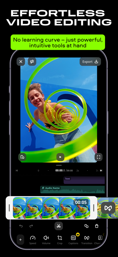 Interfaccia dell'app Movavi Video Editor che mostra un video con effetti e strumenti di editing su uno smartphone