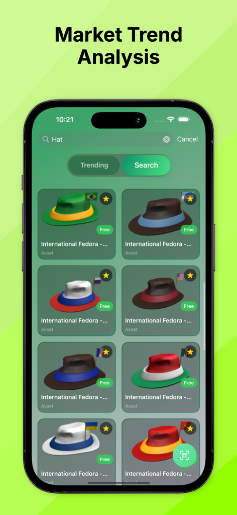 Robux Wallet For Roblox - Bildschirm zur Analyse von Markttrends in der Robux Wallet-App, der eine Liste internationaler Fedora-Assets anzeigt