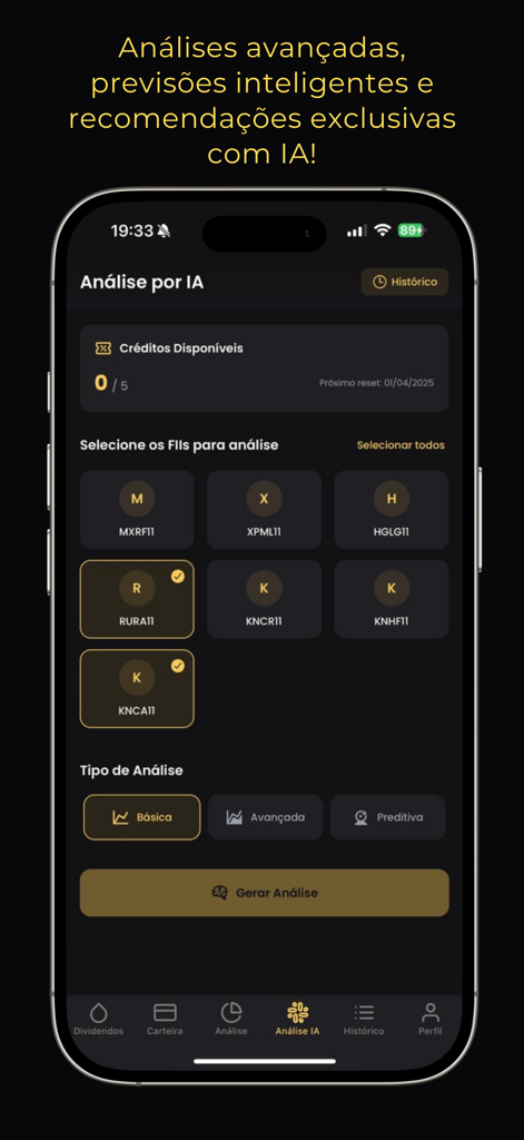 Renda Fiis: Fundos Imobiliário - AI analysis interface of the Renda Fiis app showing Brazilian real estate investment fund selection and analysis options.