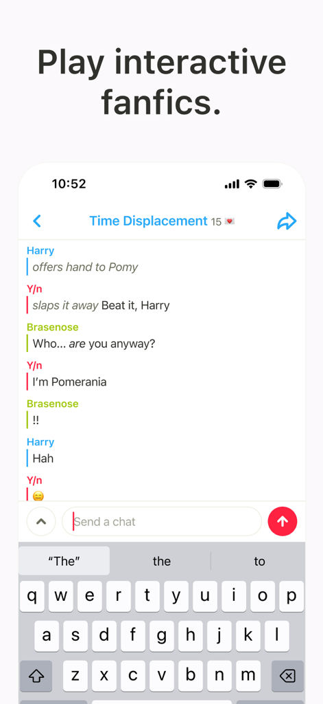 Y/n - Un'interfaccia di chat mobile che mostra una storia di fanfiction interattiva con dialoghi tra i personaggi e un campo di inserimento testo