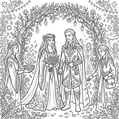 This exquisite coloring page captures a joyful elven wedding, featuring elegant healers, a beautiful bride and groom, and a romantic fantasy setting. Immerse yourself in a world of magic and love as you bring this detailed celebration to life with your favorite colors.