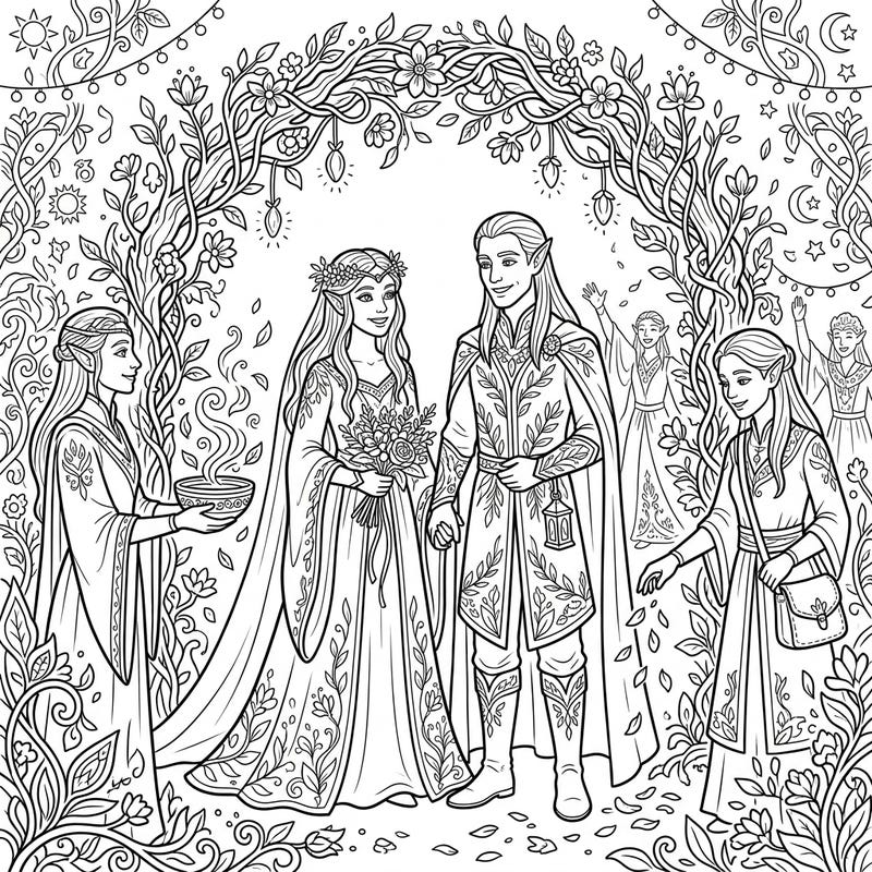 This exquisite coloring page captures a joyful elven wedding, featuring elegant healers, a beautiful bride and groom, and a romantic fantasy setting. Immerse yourself in a world of magic and love as you bring this detailed celebration to life with your favorite colors.