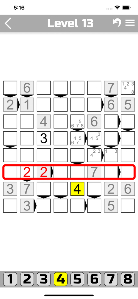 The Futoshiki logic puzzle game interface showing an 8x8 grid