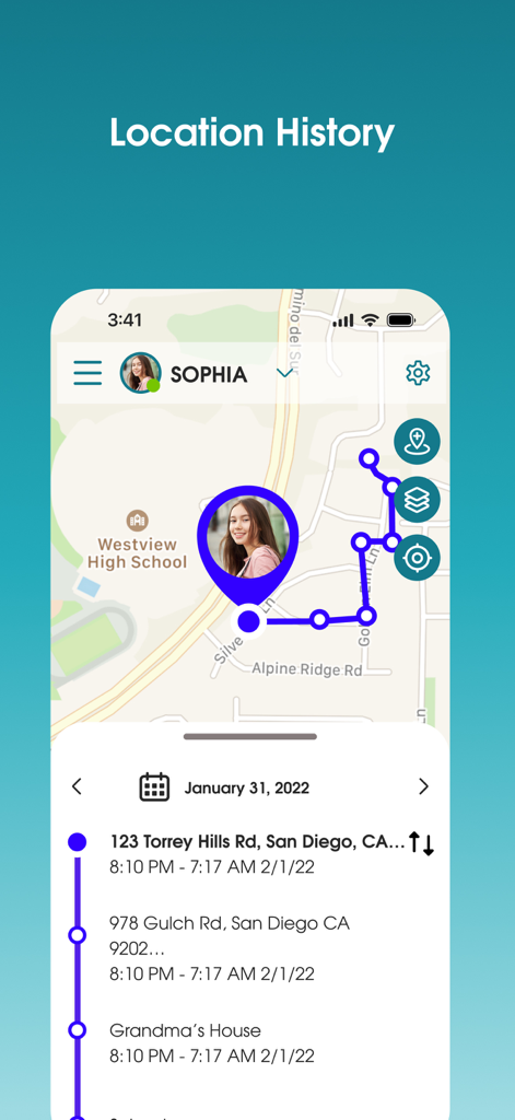 Captura de pantalla de la aplicación OurPact que muestra el historial de ubicación con un mapa y una línea de tiempo cronológica de los lugares visitados