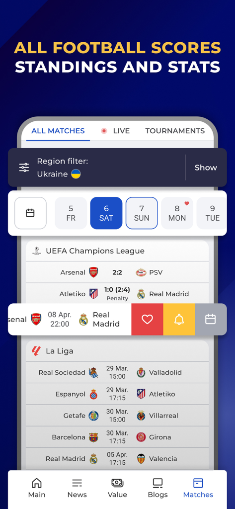 Tribuna app screen showing football match scores and schedules for UEFA Champions League and La Liga