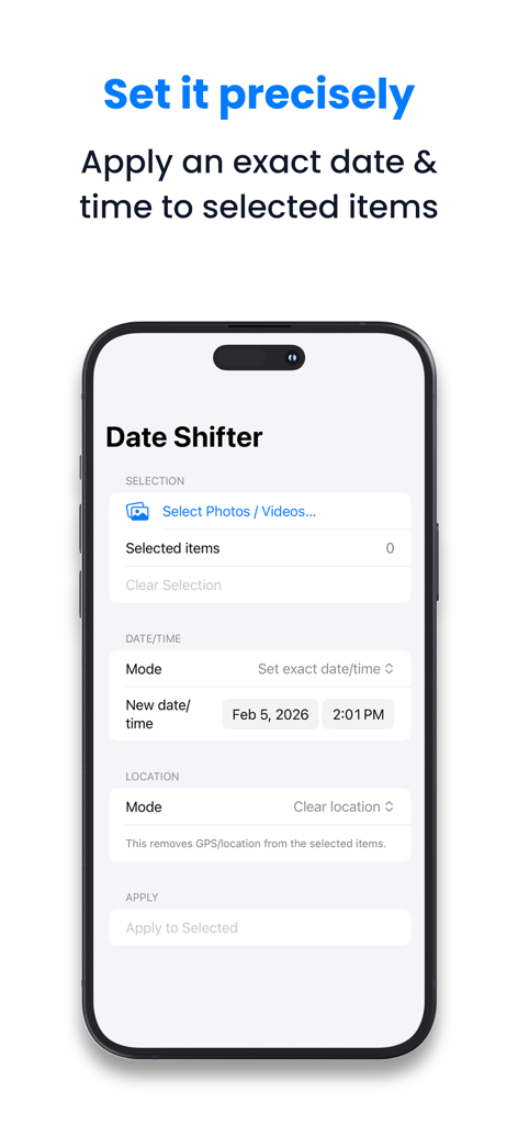Batch Metadata Editor app interface for setting exact photo dates and times