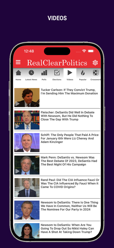 Real Clear Politics app showing a list of political news and commentary videos.