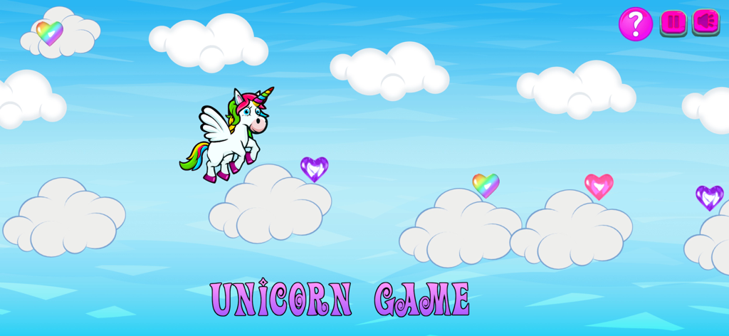 Unicorn Games - Un unicornio blanco con alas saltando sobre nubes para recoger corazones coloridos en un juego educativo para niños
