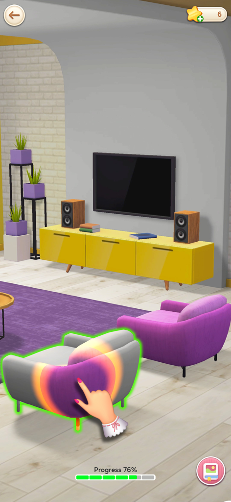 Craft Cross Stitch: Pixel Art - User customizing a virtual living room with colorful furniture in the Meta Room feature