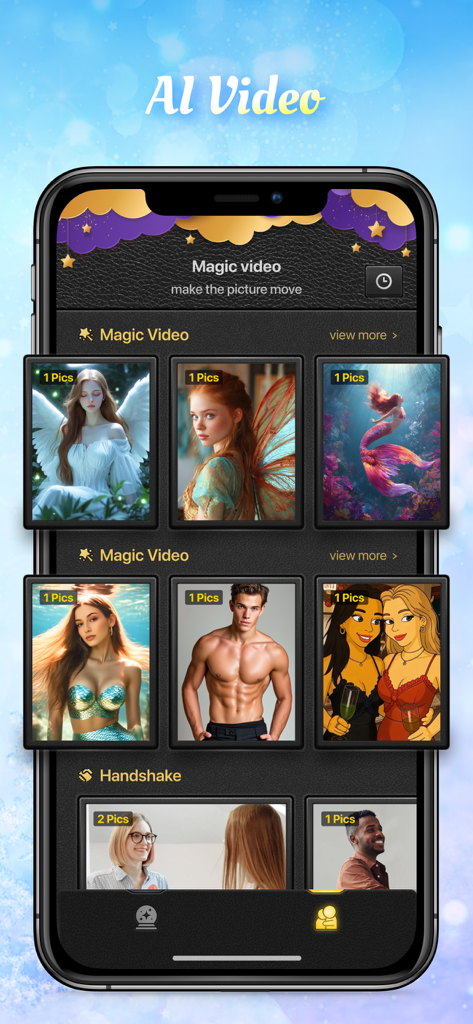 Magic Cam - Face Photo Editor - Magic Cam app showing AI video filters and cartoon transformation options.