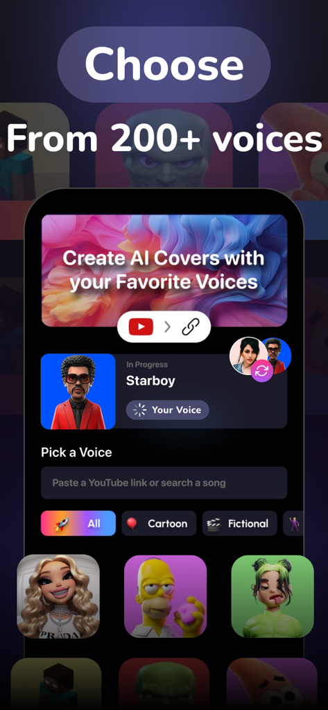 AI Coverアプリのインターフェース。曲のカバー用に、カートゥーンや有名人のキャラクターを含む200以上のボイスから選択するためのメニューが表示されている。