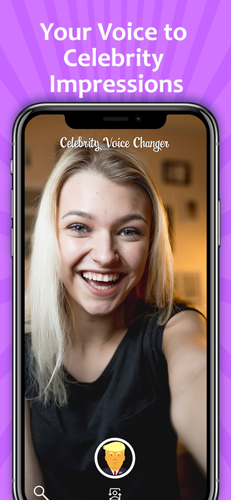 A young woman using the Celebrity Voice Changer Live app on her smartphone to record a video with a celebrity impression filter