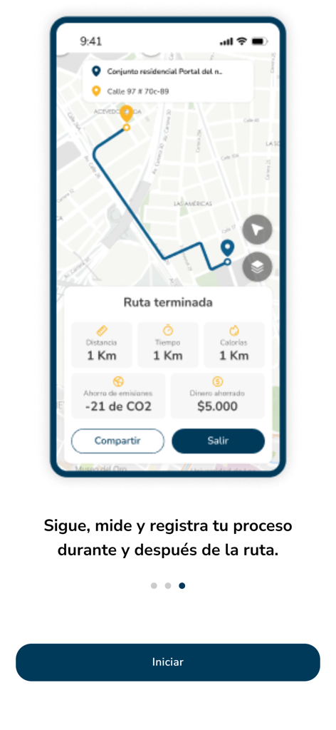Mapas Bogota Bici app screen showing a completed bike route with distance and emission saving metrics
