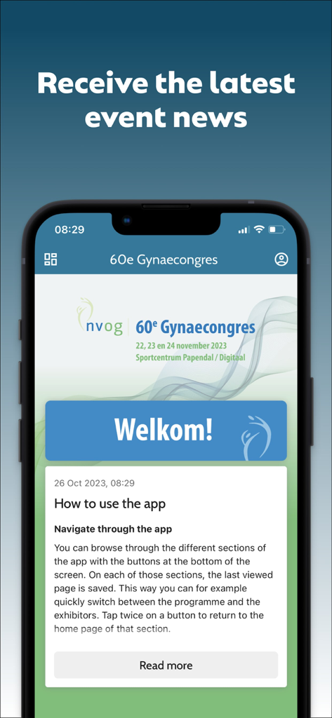 Status Plus - Status Plus app interface showing latest news and navigation guide for a medical congress