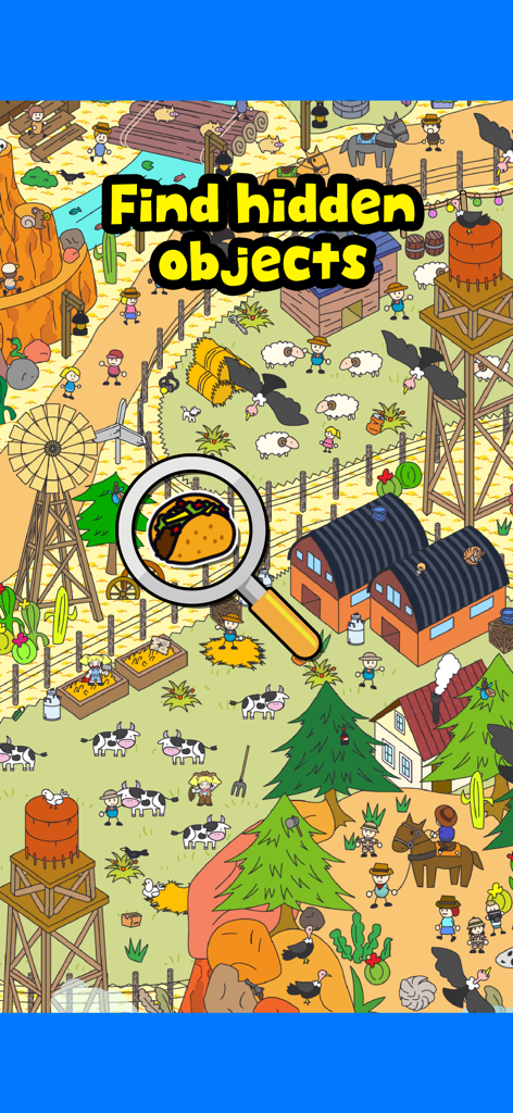 Colorful 2D farm scene scavenger hunt with a magnifying glass highlighting a hidden taco
