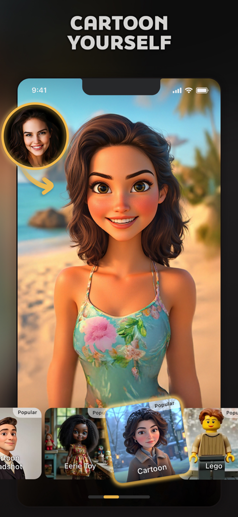 Interfaz de la aplicación Pose AI que muestra una foto transformándose en un personaje de dibujos animados de alta calidad sobre un fondo de playa