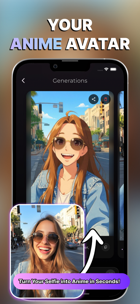 PixieAI - Magic Photo Editor - Una pantalla de smartphone mostrando la aplicación PixieAI transformando una selfie de la vida real en un avatar de anime estilizado.