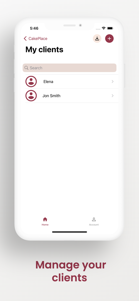 CakePlace - CakePlace mobile app interface showing a list of clients for a home baking business