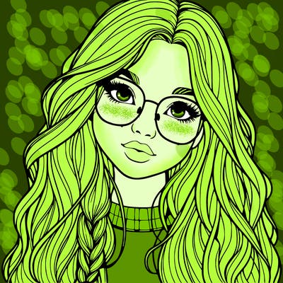 girl with long hair and freckles and glasses realistic
