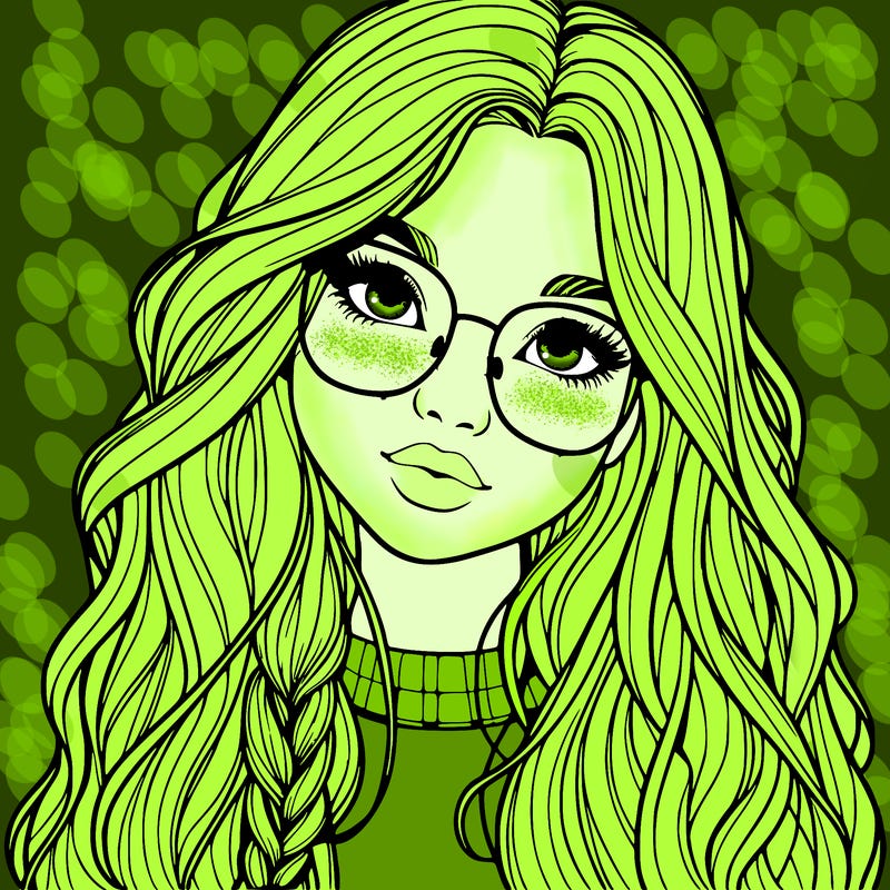 girl with long hair and freckles and glasses realistic