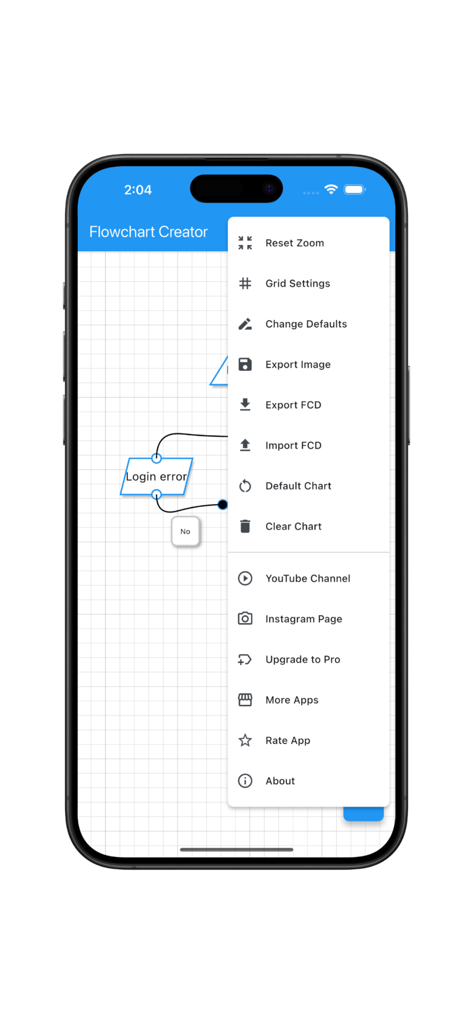 Flowchart Creator - iPhone上のエクスポートおよびグリッド設定を含むメニューが表示されたフローチャートクリエイターアプリのインターフェース