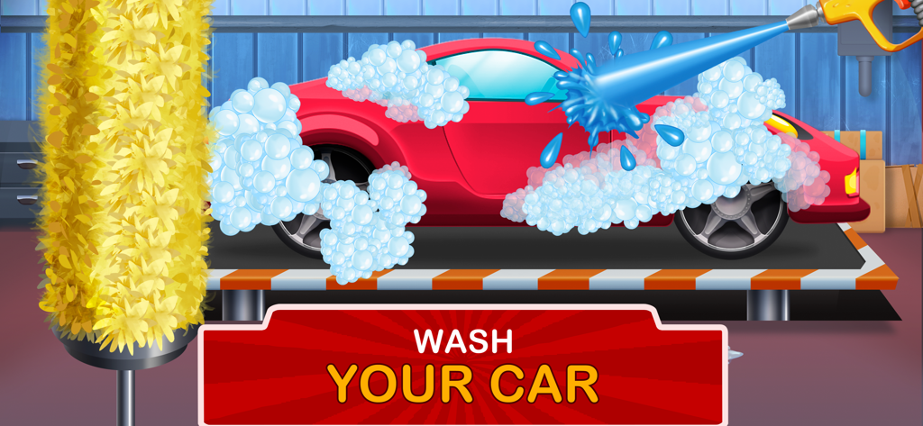 Kids Garage: Toddler car games - A red car being washed with soap bubbles and a water spray in the Kids Garage toddler game.