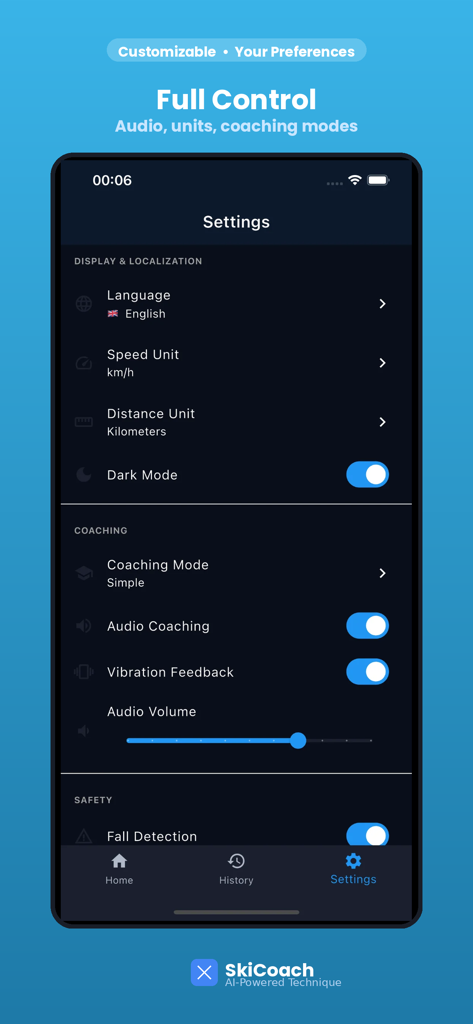SkiCoach – AI Ski Coaching - Einstellungsbildschirm der SkiCoach-App mit Audio-Coaching und Einheitenanpassungsoptionen