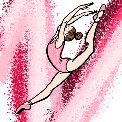 gymnast doing a leap in a leotard with a bent back leg
