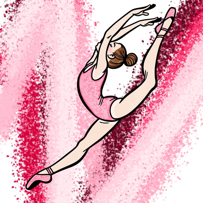 gymnast doing a leap in a leotard with a bent back leg