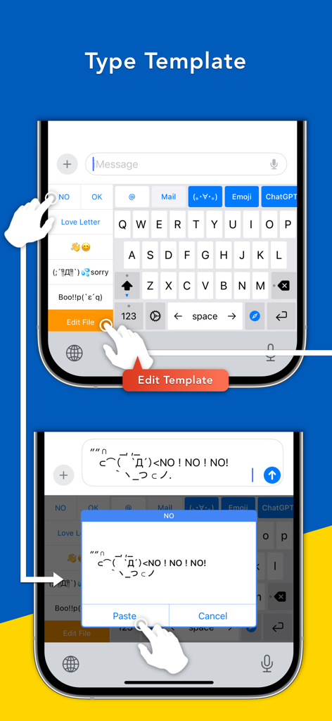 Bear - AI Keyboard - Bear AI Keyboard interface showing custom text templates and kaomoji shortcuts for quick typing.
