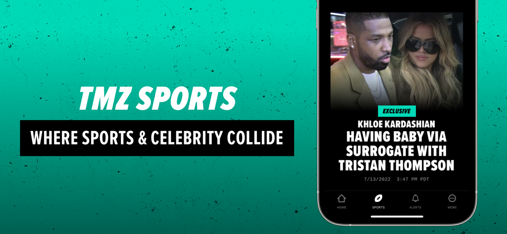 TMZ - TMZ Sports app screen showing celebrity news about Khloe Kardashian and Tristan Thompson