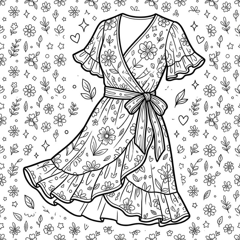 Unleash your inner fashion designer with this gorgeous wrap dress coloring page, perfect for teens. Featuring a chic floral pattern and delicate ruffles, it's ready for your creative touch.