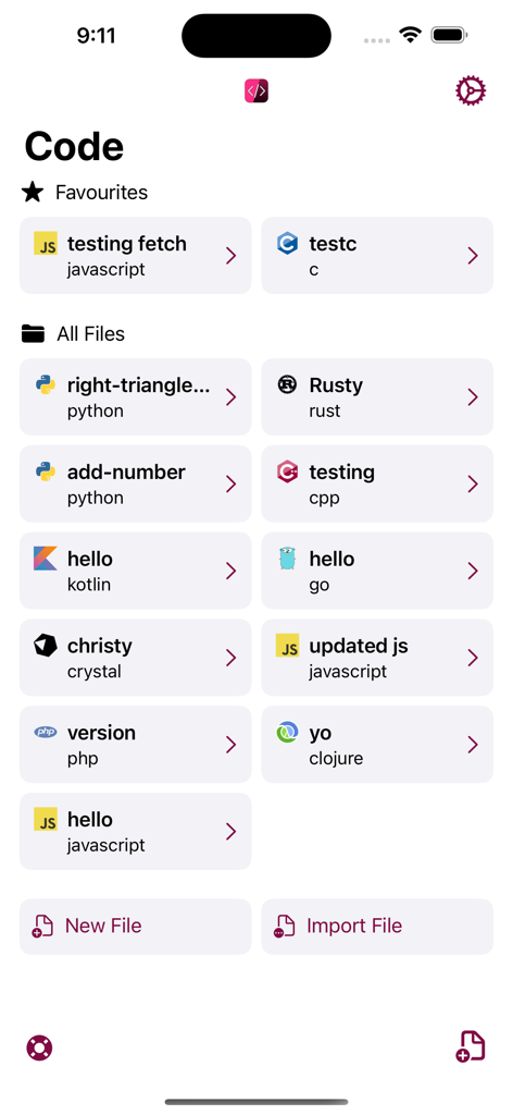 Code - Compile & Run Program - Dashboard of the Code app displaying a list of programming files including Python Javascript and Rust