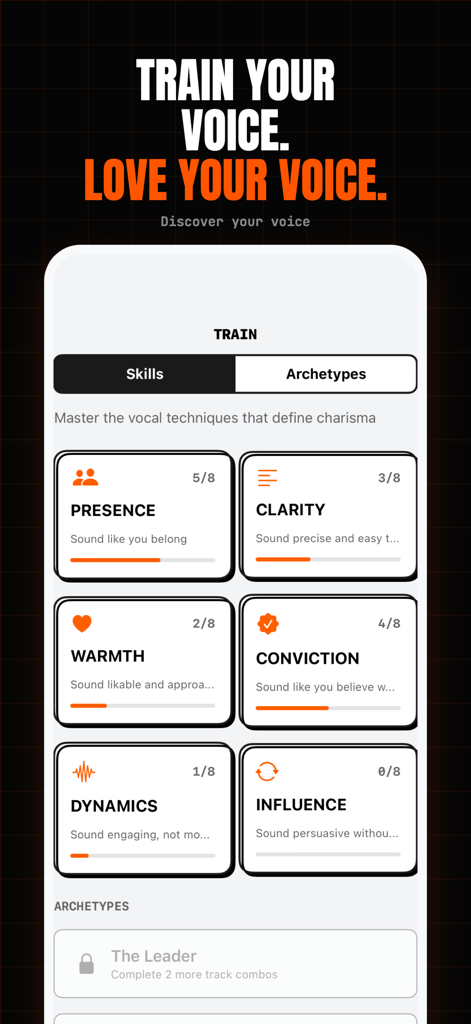 Charisma Lab: Speaking Coach - Charisma Lab app training screen showing vocal skills and progress modules for presence clarity and conviction