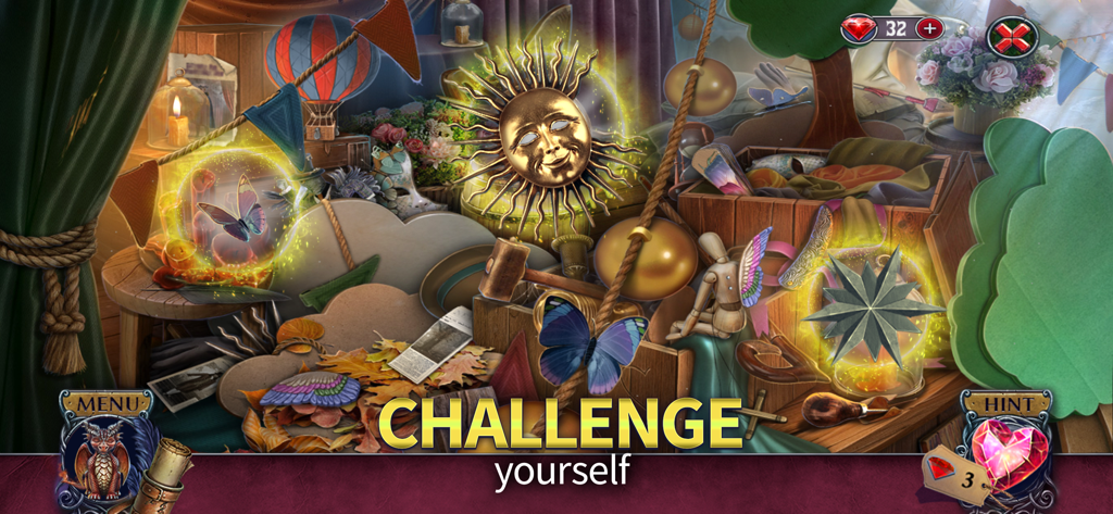 Sparkle of Talent (F2P) - A detailed hidden object scene in a theater setting from Sparkle of Talent featuring a sun mask and butterflies with the text Challenge yourself.