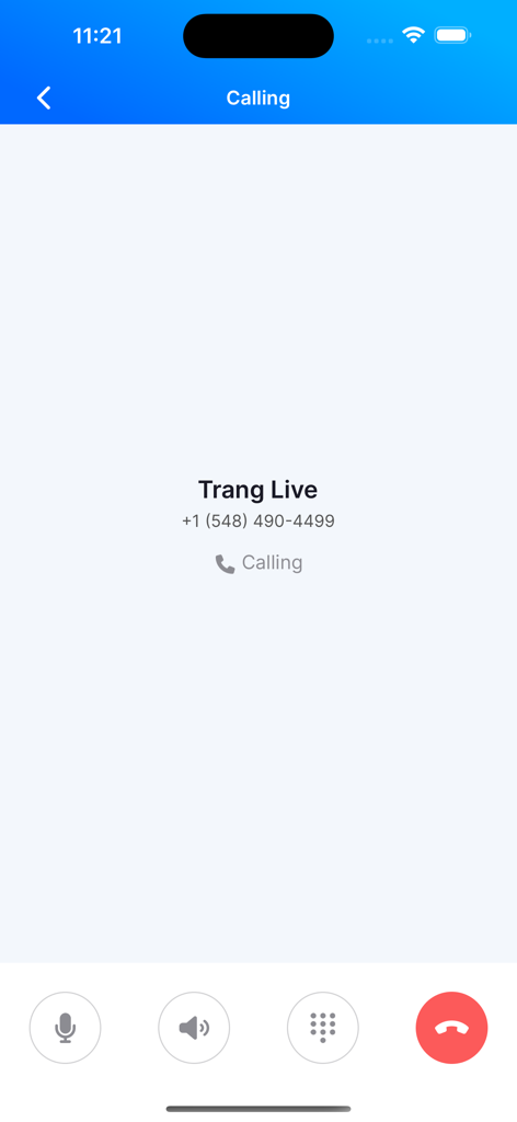 Outgoing call interface in the WooSender mobile app showing contact name and number.