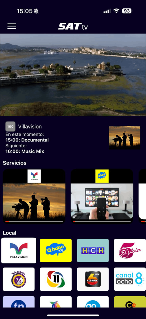SAT TV+ - SAT TV plus mobile app interface showing a list of live Spanish language TV channels and schedules