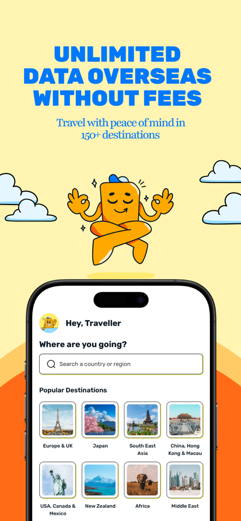 Simify eSIMs: Travel Connected - Interface de l'application Simify eSIM avec une barre de recherche et des destinations de voyage internationales populaires pour les forfaits de données.