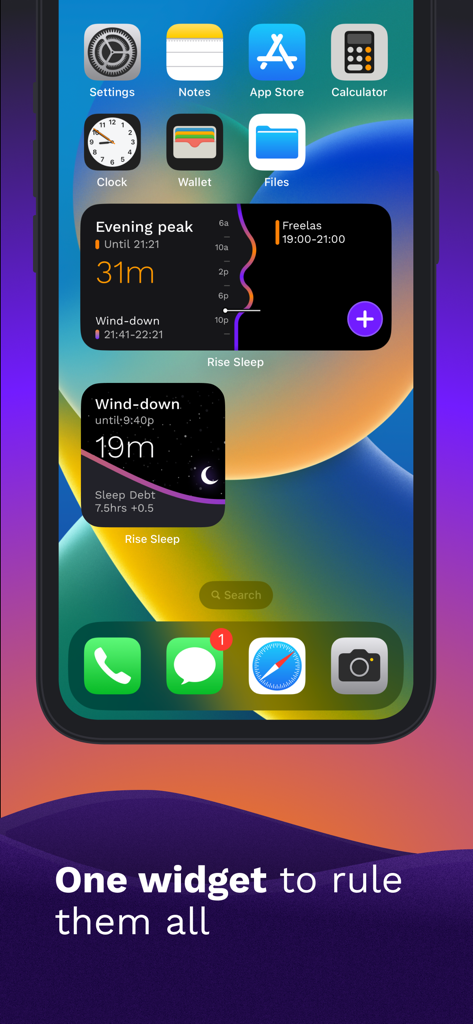 iPhone home screen displaying RISE Sleep Tracker widgets for energy peaks and sleep debt levels